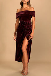 Enchanted Black Velvet Off The Shoulder Midi Dress